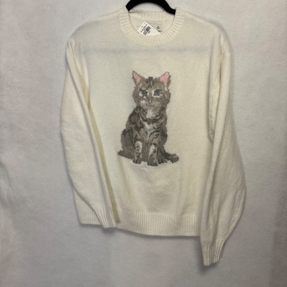 Hollister Cream White Cat Knit Sweater Oversized XS, NWT